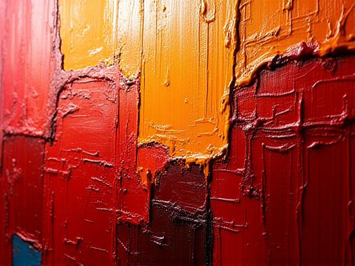 An abstract oil painting with thick, textured layers of paint by SATO.