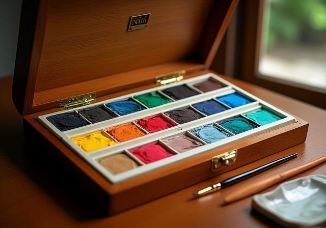 An elegant wooden case opened to display a vibrant set of Niji Enogu watercolor pans.